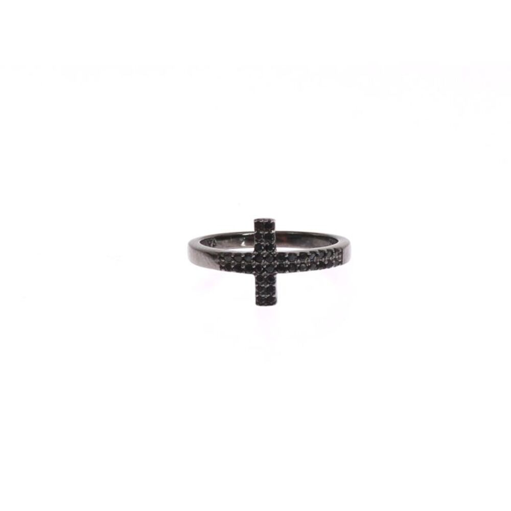 Nialaya Black CZ Cross Rhodium 925 Women's Ring